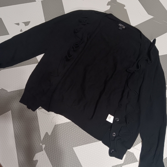 Black apt.9 long sleeved button down cardigan with ruffles - Picture 1 of 5